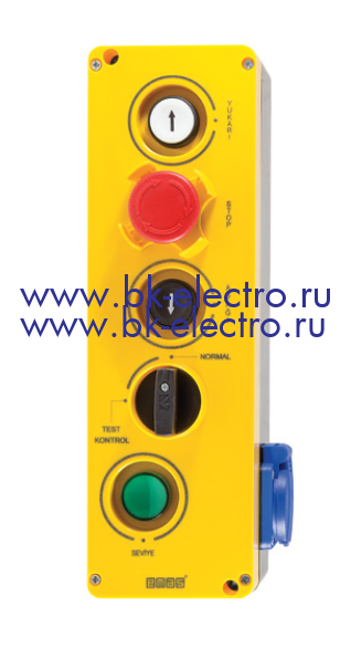 Пост управления, желто-черный, 5 кнопок, 2 круглые со стрелкой, аварийная, переключатель, сигнальная арматура в Москве +7 (499)398-07-73