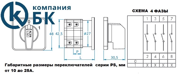 Габаритные размеры и схема эл.цепи PSA 10-25A. 4 ФАЗЫ.