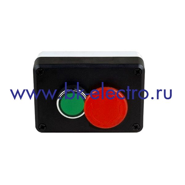 P2ABE40 Кнопочный пост управления в пластмассовом корпусе 2-х кнопочный c аварийной кнопкой Грибок Ø40мм. с фиксацией (1НЗ) и зеленой кнопкой Ø22мм. (1НО) IP65 