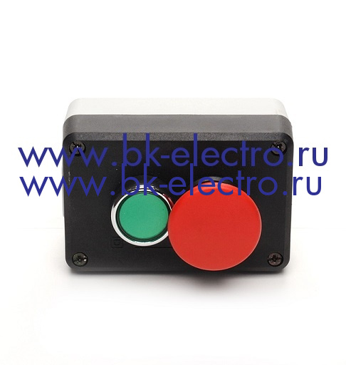 Пост управления в пластмассовом корпусе 2-х кнопочный c аварийной кнопкой Грибок Ø40 мм. без фиксации и зеленой кнопкой Ø22 мм. (1НЗ+1НЗ) IP65 в Москве +7 (499)398-07-73