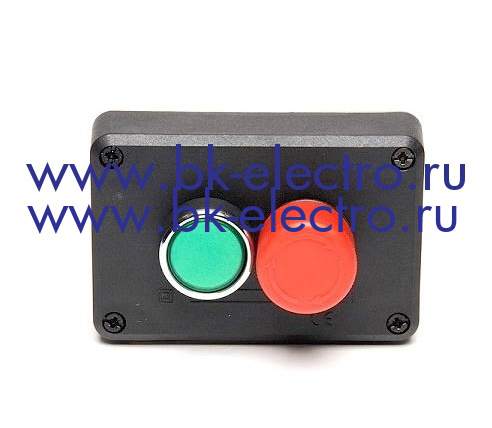Пост управления в пластмассовом корпусе 2-х кнопочный c аварийной кнопкой Грибок с фиксацией и зеленой кнопкой Ø22 мм. (1НО + 1НЗ) IP65 в Москве +7 (499)398-07-73