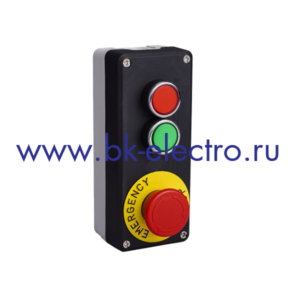 P41A2BE40K Пост управления в пластмассовом корпусе 3-х кнопочный с кнопками Ø22 мм.(1НО + 1НЗ), аварийной кнопкой Грибок Ø40 мм. и табличкой (EMERGENCY STOP) (1НЗ) IP65 в Москве +7 (499)398-07-73