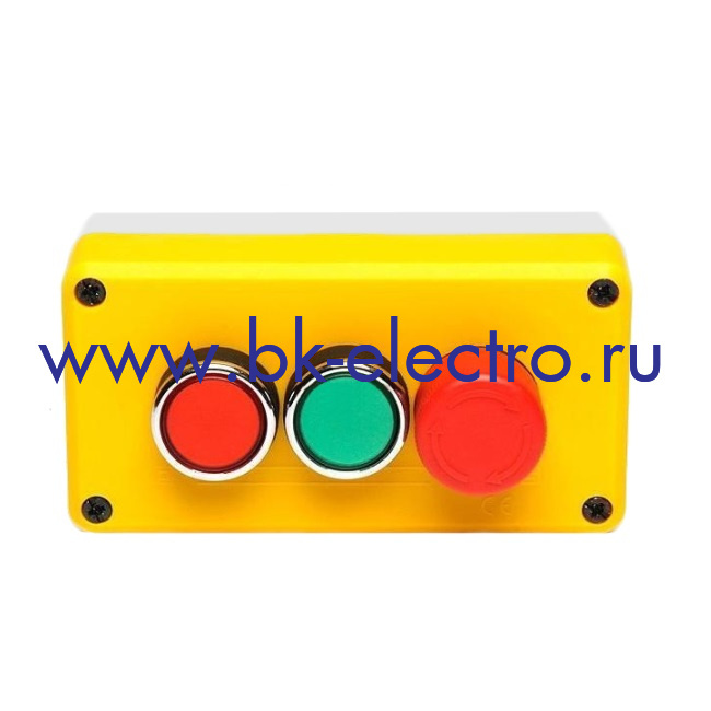 P3EC1A2BE30 Кнопочный пост управления в пластмассовом корпусе 3-х кнопочный с аварийной кнопкой (Грибок Ø30мм.) (1НЗ+1НО+1НЗ)  в Москве +7 (499)398-07-73