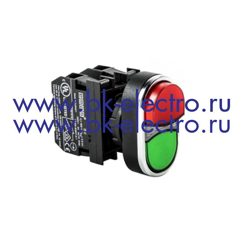 B132K21KY Кнопка двойная Ø22 мм. выступающая  (1НО+1НЗ) IP50, с блок контактом подсветки под лампу Ba9S EMAS от официального дилера в Москве +7(499)398-07-73