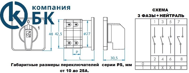 Габаритные размеры и схема эл.цепи PSA 10-25A. 3 ФАЗЫ + НЕЙТРАЛЬ.