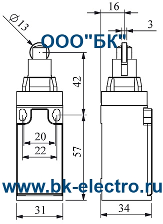 Габаритные размеры концевого выключателя L3K13MUM33